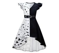 Lito Angels Disfraz de Cruella Vestido de Lunares Dálmatas en Blanco y Negro para Niñas, Talla 5-6 años, Manga Corta