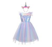 Lito Angels Disfraz de Princesa Unicornio con Aro de Pelo de Cuerno para Niñas, Vestido de Tul Arcoiris para Fiesta de Cumpleaños, Talla 5-6 años, Azul (Número de etiqueta 130)