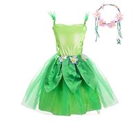Lito Angels Disfraz de Tinkerbell Vestido de Campanilla Hada Verde con Diadema con Corona de Flores para Niñas Pequeñas, Talla 2-4 años, M