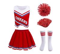 Lito Angels Disfraz Vestido Animadora Cheerleader Ropa de Carnaval Fiesta con Pompones y Calcetines para Niñas Pequeñas, Edad 11-12 años Talla 152, Conjunto de dos piezas rojo