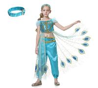 Lito Angels Disfraz Vestido de Princesa Jazmin para Niñas, Conjunto Top con Capa Tren de Pavo Real, Diadema y Pantalones, Talla 5 a 6 años