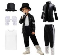 Lito Angels Pop Super Star - Conjunto de disfraz para niños de los años 80 y 90, retro, chaqueta de lentejuelas negras, pantalones, gorro, guante, traje de escenario para Halloween, actuaciones de