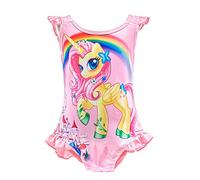 Lito Angels Traje de baño Unicornio de una Pieza para niñas pequeñas, sin Mangas con Volantes, Fiesta de Verano en la Playa, Talla 6 a 7 Años, Rosa