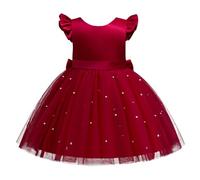 Lito Angels Vestido de Dama de Honor de Boda Ropa Navidad Fiesta Elegante con Perla para Niñas Talla 6-7 años, Rojo