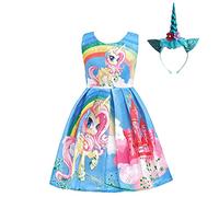 Lito Angels Vestido de Unicornio con Aro de Pelo para Niñas, Ropa Casual de Verano, Talla 5-6 años, Estilo C - Azul
