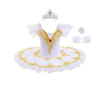 Lito Angels Vestido Tutú de Ballet para Niña, Traje de Bailarina con Aplique Dorado y Pedrería, Ideal para Baile Actuaciones Escuela Fiesta y Sesiones de Fotos, 5-6 Años Talla 116 Blanco