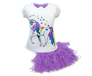 Lito Angels Vestido Unicornio para Niñas Pequeñas, Camisetas Tops y Falda Tul Tutu Conjuntos, Ropa Casual de Verano Talla 3-4 años, Manga Corta, B - Morado