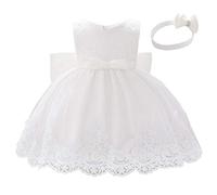 Lito Angels Vestidos Elegante Bebe Niña en Flor de Encaje Bordado y Tul Blanco, con Diadema de Lazo, para Boda Fiesta Ceremonia, Talla 12-18 Meses 426