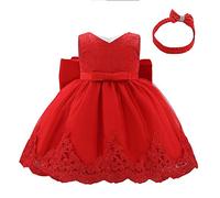 Lito Angels Vestidos Elegante Bebe Niña en Flor de Encaje Bordado y Tul Rojo, con Diadema de Lazo, para Boda Fiesta Ceremonia, Talla 12-18 Meses 426