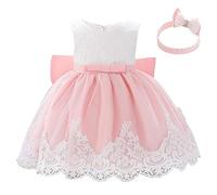 Lito Angels Vestidos Elegante Bebe Niña en Flor de Encaje Bordado y Tul Rosa, con Diadema de Lazo, para Boda Fiesta Ceremonia, Talla 12-18 Meses 426
