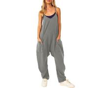 Litthing Mono Peto Suelto De Mujer Verano Tirantes Finos Ropa Pierna Ancha Con Bolsillos Casual Color Sólido Playa Pantalón Largo Harem Una Pieza Holgado Suave y Confortable Jumpsuit