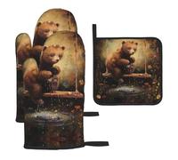 Little Bear Playing in The Water - Juego de 3 manoplas de horno y soportes para ollas de cocina, gruesos y duraderos, antiquemaduras y aislamiento térmico para tapa de cocina, horno microondas