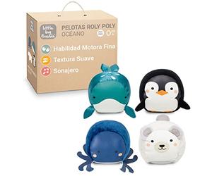Little Big Friends | Set de 4 Pelotas Sensoriales con Sonajero para Bebé | Texturas Variadas, Motricidad Fina y Fáciles de Agarrar | Juguetes Sensoriales Bebé 0-12 Meses |Pelotas Roly Poly Océan
