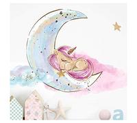 Little Deco DL214-9 - Lámina adhesiva decorativa para pared de habitación infantil, 1 lámina A4, diseño de unicornio, luna y estrellas, color lila