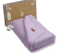 Little Dedi Manta de punto 100% algodón orgánico con certificado GOTS, 80 x 100 cm, lavanda, transpirable, regula la temperatura, en elegante caja de regalo para bebés