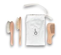 Little Dedi Premium - Juego de cepillos de pelo de bebé 100% madera de haya con cerdas naturales de cabra y bambú en una bolsa de algodón, cuidado suave para las delicadas hebras de tu bebé
