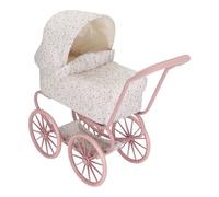 Little Dutch Cochecito de metal para muñecas con ruedas grandes, capota y cesta de almacenamiento para muñecas de hasta 46 cm - Flores blancas/rosa