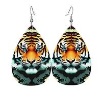 Little Fat Tiger Head - Pendientes de piel con forma de lágrima para mujer, gancho chapado en plata 925, accesorios de vacaciones