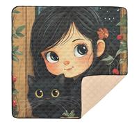 Little Girl and Her Black Cat - Alfombra de juego grande y elegante para interiores y exteriores, resistente al agua, para bebés, niños pequeños, 50 x 50 pulgadas