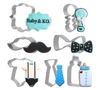 Little Man - Juego de cortadores de galletas con diseño de bigote de acero inoxidable para el cuello, diseño de botella de bebé, placas de fotos, pasta de fondant y galletas para baby shower