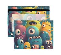 Little Monsters on Blue - Estuche para lápices de 3 anillas, paquete de 2 estuches de plástico reciclado, transparente, impermeable, con cremallera, accesorios de papelería
