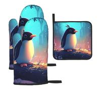 Little Penguins In The Flower Bed Guantes de cocina coloridos resistentes al calor, almohadillas calientes, lindas cosas de panadero, regalos de cocina para amantes de la cocina, cocineros y mamá