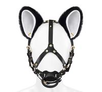 LittleForBig Arnés de Cabeza de Cuero con Orejas Peludas para Petplay | Little Furry, cuero suave y resistente, mordaza con chupete desmontable, correas ajustables, orejas desmontables, DIY