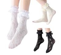 LittleForBig Calcetines de encaje con volantes y estampado de rosa/corazón, 3 pares, color negro, blanco y beige, Patrón de rosas, talla única