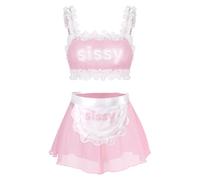 LittleForBig Conjunto de ropa de noche unisex con banda de encaje ajustable, lencería de malla, ropa de casa, falda de sirvienta transparente con delantal desmontable, Rosa., L