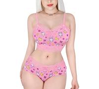 LittleForBig Lacy Trim Mujeres Nightwear Ropa de Dormir con Correa Camisones Camisón y Pantalones Cortos Lencería Bralette Loungewear Set -Dulce Usagi Rosa XL