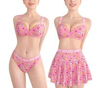 LittleForBig Mujeres Cintura Alta Elástica Minifalda Panty Bralette 3 Piezas Conjunto Talla Grande-Usagi Sporty Bralette Falda Conjunto Rosa XL