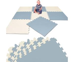 LittleTom Alfombra Puzzle Infantil Beige & Azul - 8 Piezas Encajables 50x50 cm - Colchoneta de Goma Espuma EVA 200x100 cm para Niños - Protector Suelo Acolchado sin BPA - Manta de Juegos Impermeable