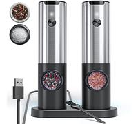 LITTNEO Juego Molinillo Sal Pimienta Eléctrico con Base Recargable,Molinillo sal Acero Inoxidable con Grosor Ajustable,Salero y Pimentero Recargables con luz LED