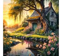 Lituor 5D Lakeside Cottage Diamond Art Painting Kits for Adults,Scenery Diamond Painting for Beginner,DIY Full Cross Stitch Embroidery Art Pictures Home Wall Decor Gift Round Drill,85x85 cm