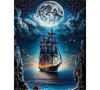 Lituor Pintar por Numeros Adultos,Luna Velero Mar DIY Kit de Pintura al óleo de Lienzo para Adultos Niños Painting by Numbers con Pinceles y Pigmento Acrílico para Hogar Decor 40x50cm,con Marco