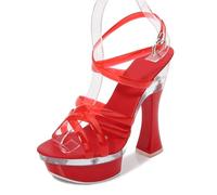 LIUGUISUOCHBH Tacones Altos para Mujer | Sandalias de Verano con tacón Grueso de 14 cm y Tiras en el Tobillo | Estilo Retro Y2K | para Bodas/Fiestas/graduaciones/Clubes,Rojo,37 EU