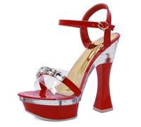 LIUGUISUOCHBH Tacones Altos para Mujer | Sandalias de Verano con tacón Grueso de 14 cm y Tiras en el Tobillo | Estilo Retro Y2K | para Bodas/Fiestas/graduaciones/Clubes,Rojo,35 EU