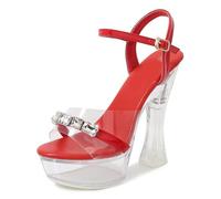 LIUGUISUOCHBH Tacones Altos para Mujer | Sandalias de Verano con tacón Grueso de 14 cm y Tiras en el Tobillo | Estilo Retro Y2K | para Bodas/Fiestas/graduaciones/Clubes,Rojo,35 EU