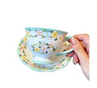 LIUHLFSR Juego de taza y platillo café cerámica con diseño floral en relieve, forma corazón amor pintada a mano motivos florales tridimensionales Para Todo Tipo de Bebidas(Style 2)