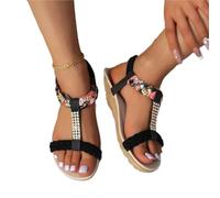 LIUHLFSR Sandalias planas con diamantes de imitación for mujer, sandalias gladiador tiras elásticas en la parte trasera, zapatos playa antideslizantes Para la Fiesta Nocturna de Boda(Black,42)
