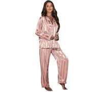 LIUHLFSR Stripe Long Sleeve Trouser Pijamas Suit Women 2PCS Pajamas Set Sleepwear Spring Summer Satin Nightwear Loose Homewear Loungewear(Pink,XL)
