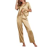 LIUHLFSR Two Piece Set of Women's Solid Color Satin Pajamas and Home Clothes, Short Sleeved Pants, Loose and Casual Outdoor(Khaki,L)