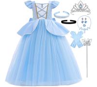 LiUiMiY Disfraz Princesa Cenicienta Niñas Vestido Tul Azul con Accesorios para Halloween Carnaval Navidad Fiesta Cumpleaños, 7-8 Años (Etiqueta 150)