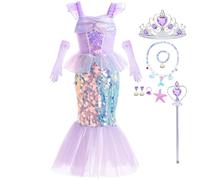LiUiMiY Disfraz Sirenita Niña Vestido Princesa Sirena Ariel Lentejuelas con Accesorios para Halloween Carnaval Fiestas Cumpleaños, 7-8 Años (Etiqueta 150)