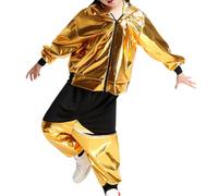 Liujiami Chicas Conjuntos de Disfraces Hip Hop Ropa de Baile Niños Lentejuelas Baile de Salón Moderno Ropa Jazz Top Pantalones 2 Piezas Trajes de Street Dance, Oro 160cm (Tallas Más Pequeñas)