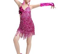 Liujiami Chicas Lentejuelas Loop Borla Vestido Baile Latino Niños Salsa Samba Rumba Tango Jazz Carnaval Actuación Traje de Competición, Rosa 120cm (Tallas Más Pequeñas)