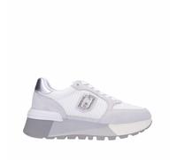 LIUJO BA5049 Amazing Portofino Zapatillas de moda para mujer de nobuk y tejido celeste cuña alta, blanco y plateado., 36 EU