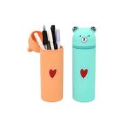 LIUKUANGDA Set de 2 Estuches de Silicona Kawaii Forma de Oso, Portalápices Telescópico 2 en 1 Extensible, Estuche Suave para Oficina y Escuela, Organizador de Escritorio (Naranja y Verde)