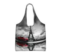 Liulannq Bolsa de lona con un solo hombro, diseño de coche rojo delante de la Torre Eiffel, bolso de color respetuoso con el medio ambiente que se puede reutilizar, súper duradero y lavable.