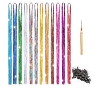 LIULINY 12 Colores de Brillante Extensiones para Pelo, 3200 Hebras Extensiones de Cabello Purpurina Holográfica, 120 cm Tinsel de Pelo de Oropel con Herramienta, para Accesorios de DIY Niñas Cosplay
